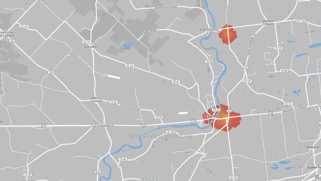 Walk Grade map of 12066, NY, walkable areas in green and car-dependent areas in red
