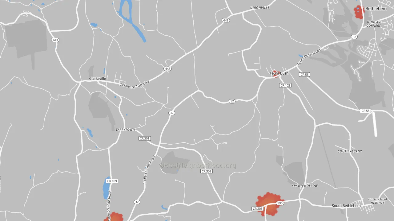 Walk Grade map of 12067, NY, walkable areas in green and car-dependent areas in red