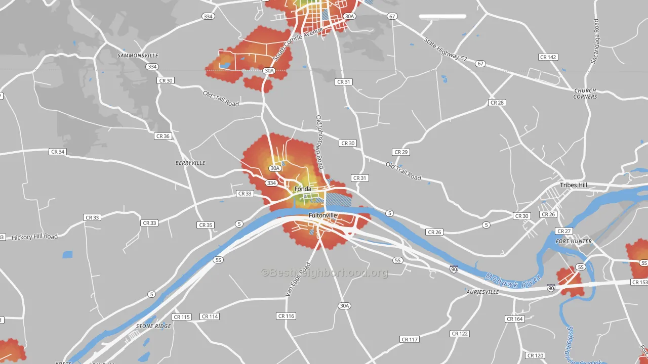Walk Grade map of 12068, NY, walkable areas in green and car-dependent areas in red
