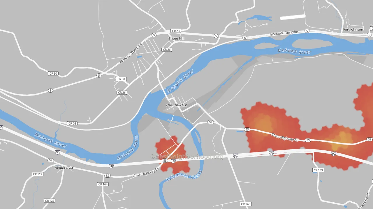 Walk Grade map of 12069, NY, walkable areas in green and car-dependent areas in red