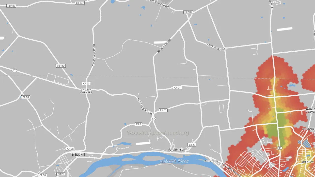 Walk Grade map of 12070, NY, walkable areas in green and car-dependent areas in red