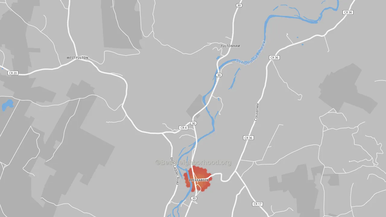 Walk Grade map of 12071, NY, walkable areas in green and car-dependent areas in red