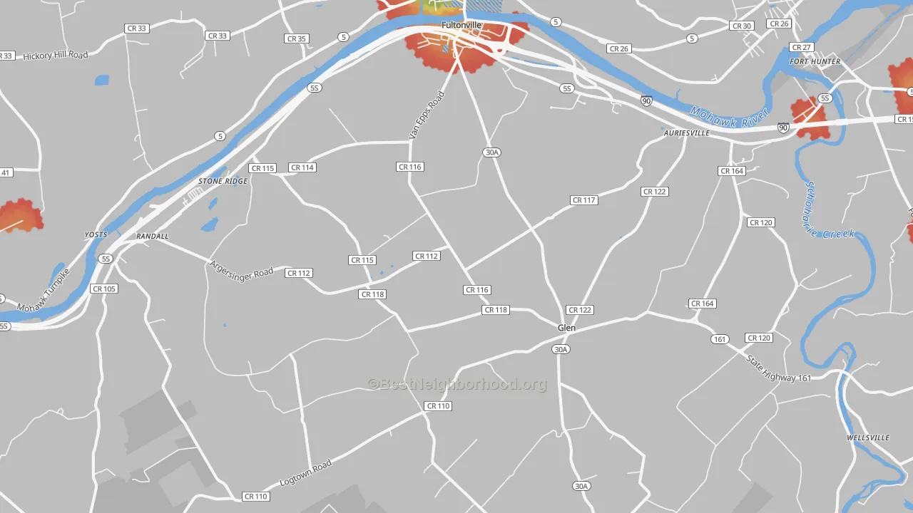 Walk Grade map of 12072, NY, walkable areas in green and car-dependent areas in red