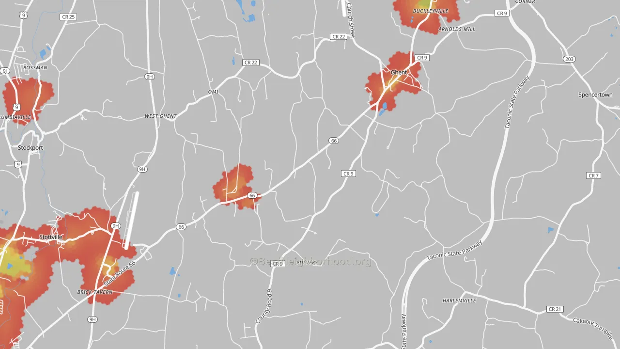 Walk Grade map of 12075, NY, walkable areas in green and car-dependent areas in red