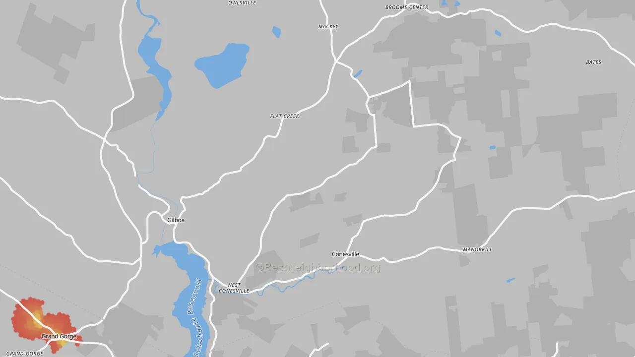 Walk Grade map of 12076, NY, walkable areas in green and car-dependent areas in red