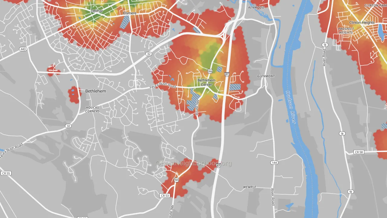Walk Grade map of 12077, NY, walkable areas in green and car-dependent areas in red