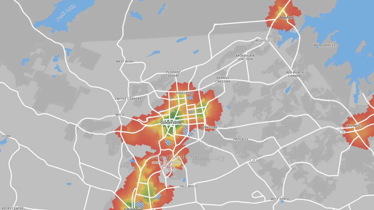 Walk Grade map of 12078, NY, walkable areas in green and car-dependent areas in red