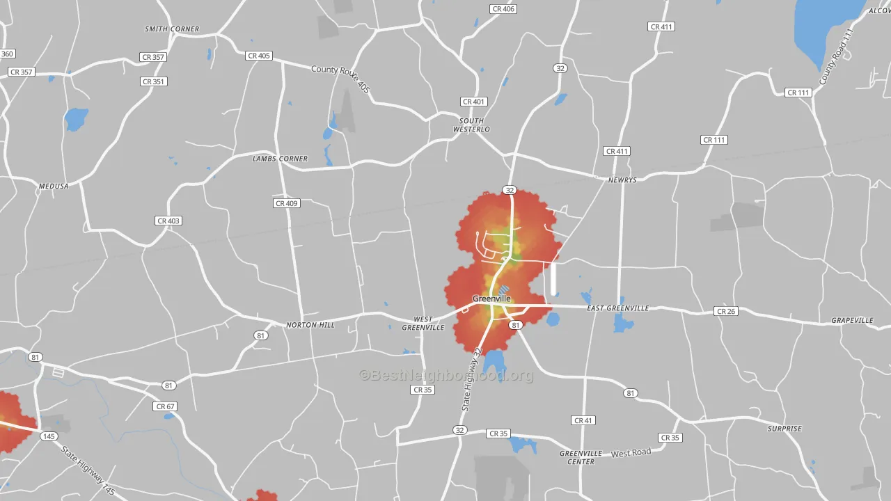 Walk Grade map of 12083, NY, walkable areas in green and car-dependent areas in red