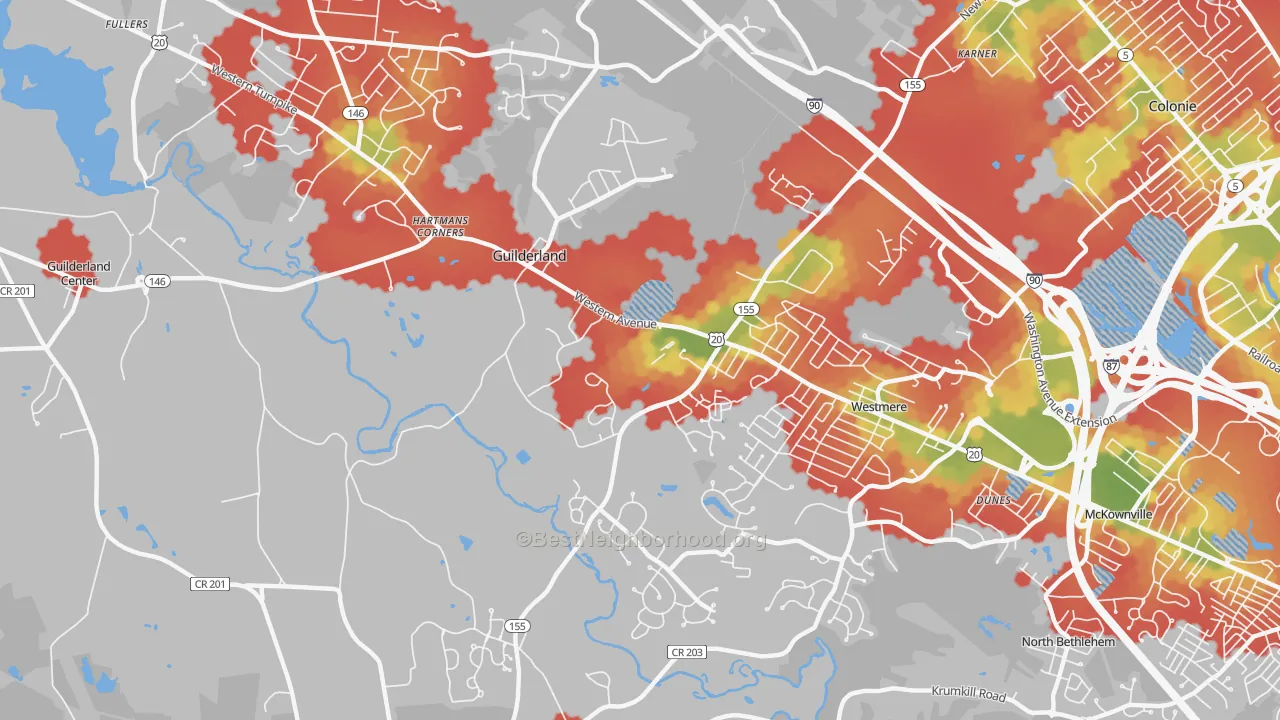 Walk Grade map of 12084, NY, walkable areas in green and car-dependent areas in red