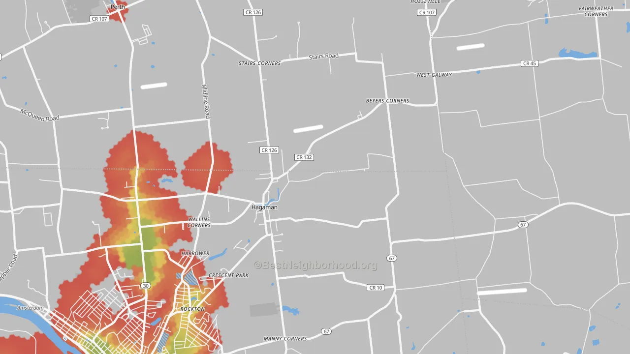 Walk Grade map of 12086, NY, walkable areas in green and car-dependent areas in red