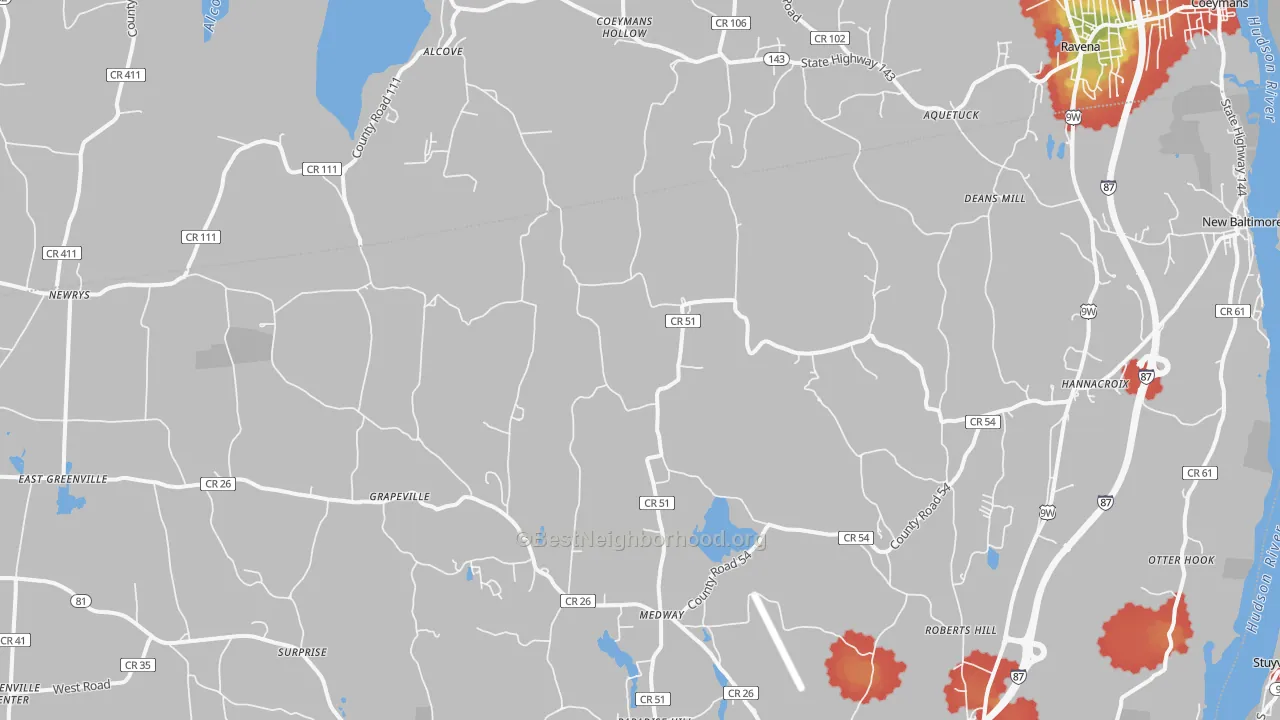 Walk Grade map of 12087, NY, walkable areas in green and car-dependent areas in red