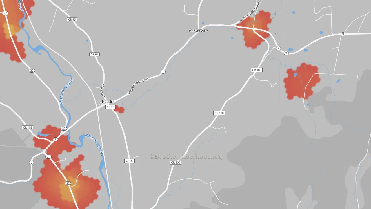 Walk Grade map of 12089, NY, walkable areas in green and car-dependent areas in red