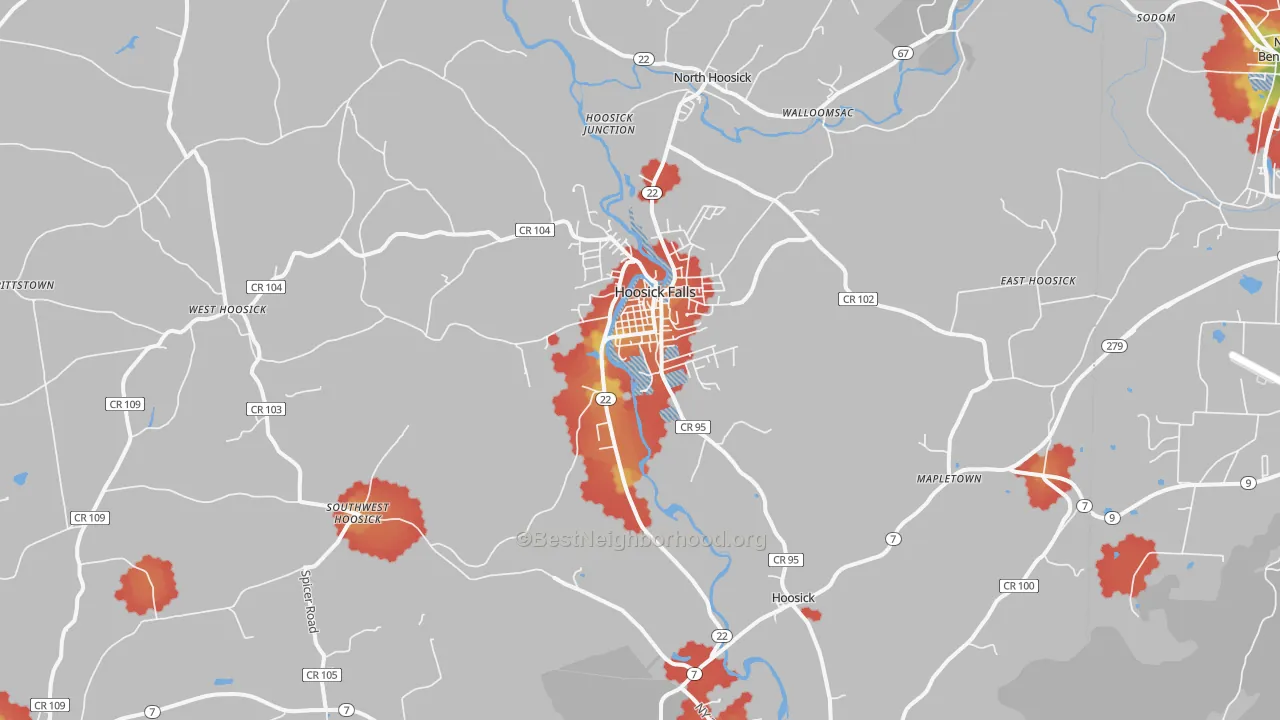 Walk Grade map of 12090, NY, walkable areas in green and car-dependent areas in red
