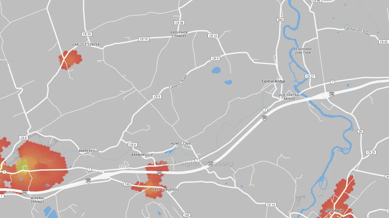 Walk Grade map of 12092, NY, walkable areas in green and car-dependent areas in red