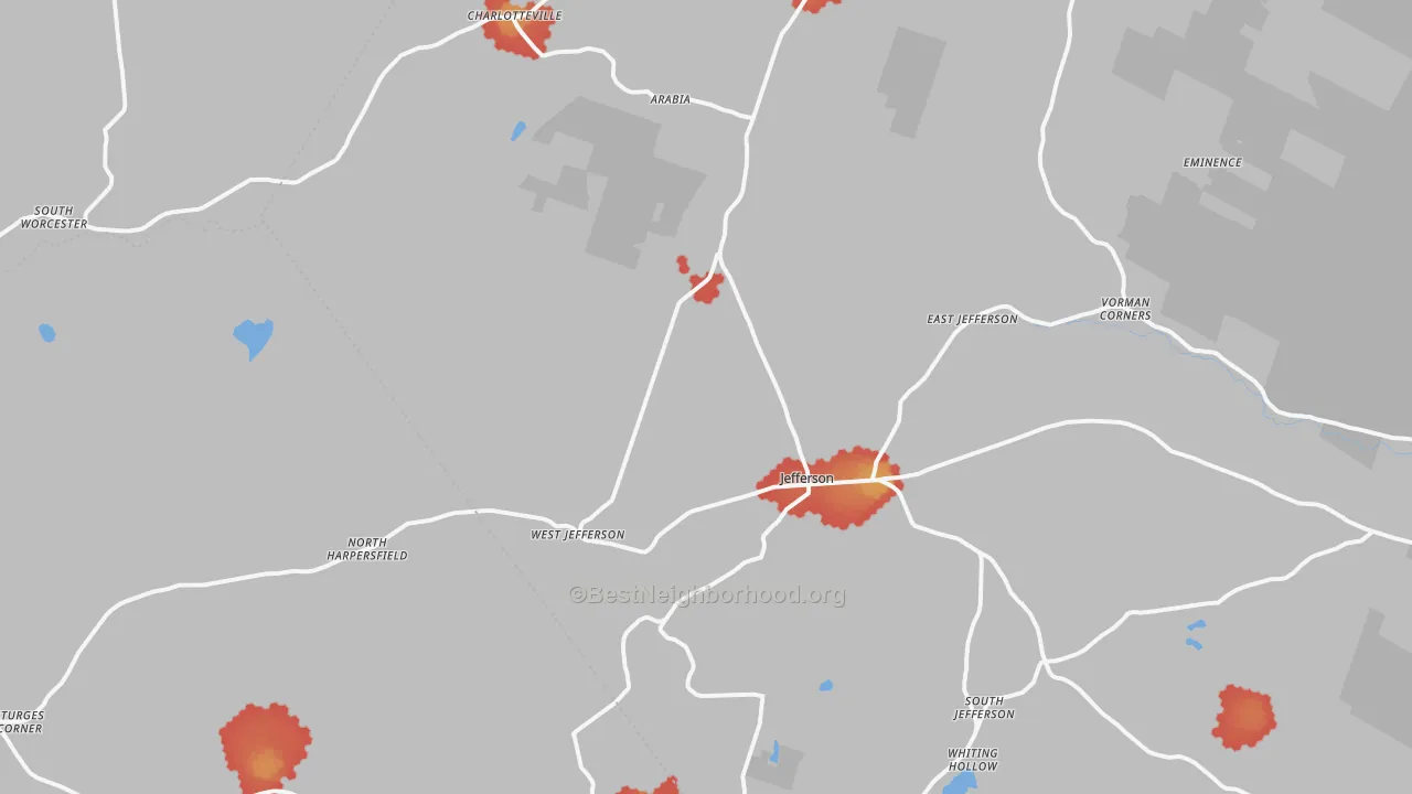 Walk Grade map of 12093, NY, walkable areas in green and car-dependent areas in red