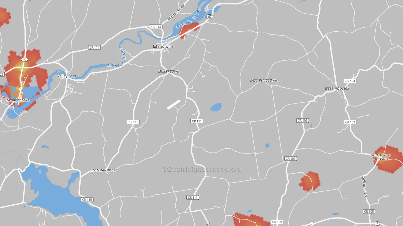 Walk Grade map of 12094, NY, walkable areas in green and car-dependent areas in red