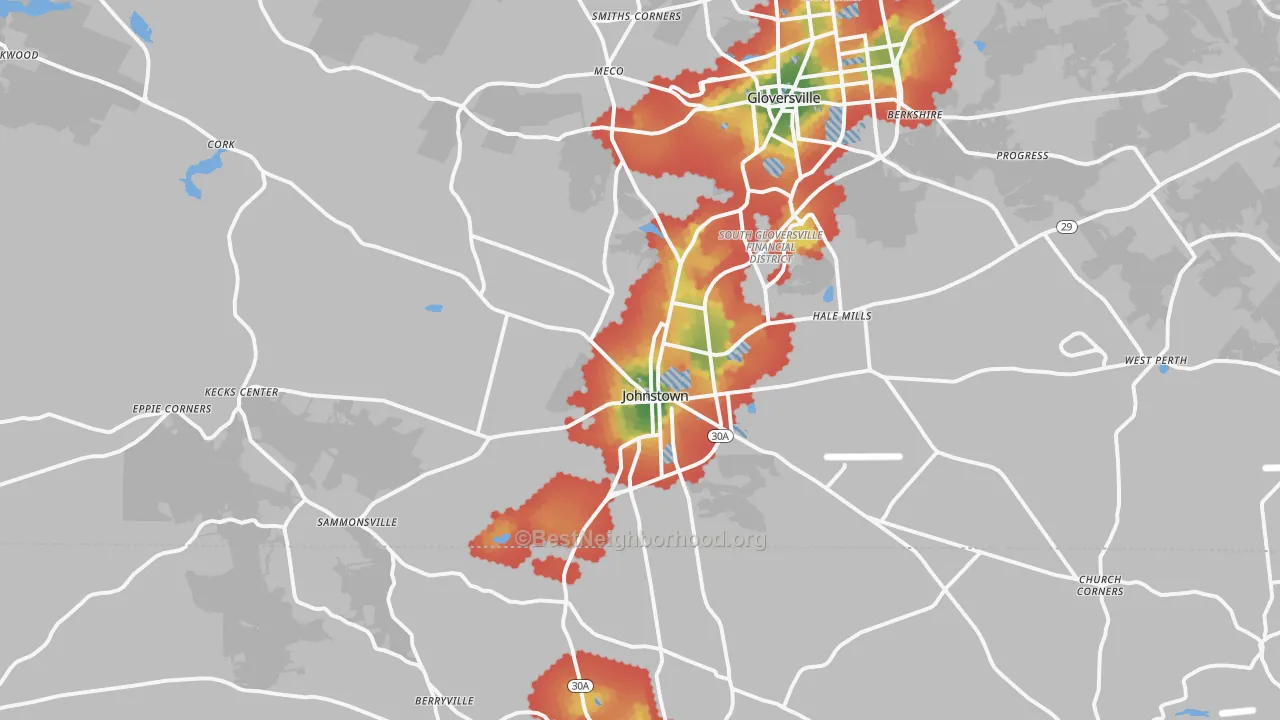Walk Grade map of 12095, NY, walkable areas in green and car-dependent areas in red