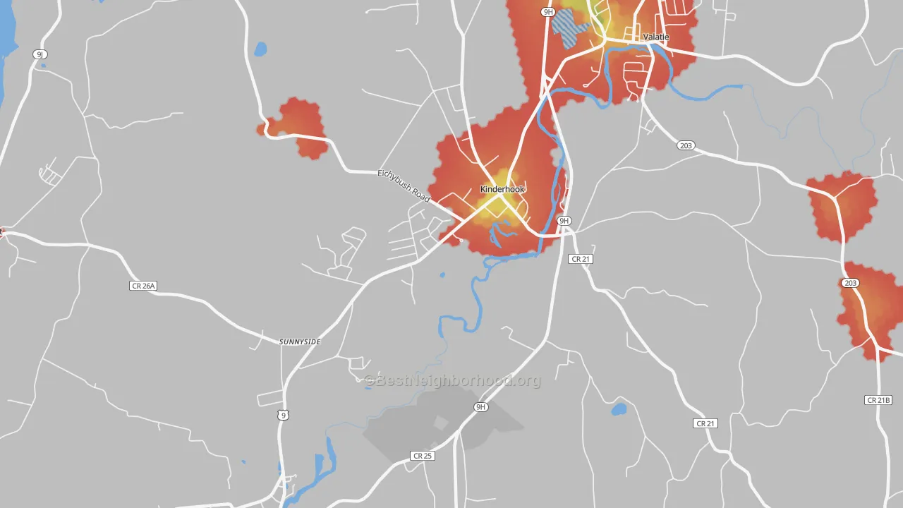 Walk Grade map of 12106, NY, walkable areas in green and car-dependent areas in red