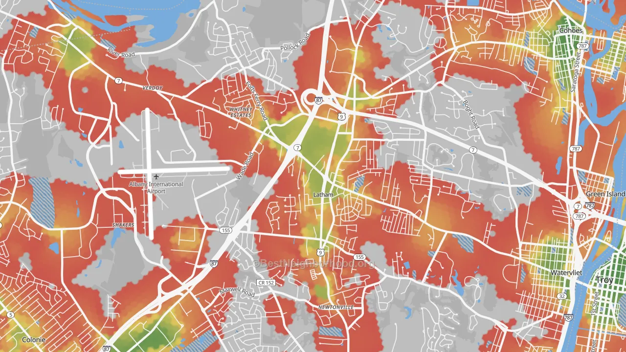Walk Grade map of 12110, NY, walkable areas in green and car-dependent areas in red