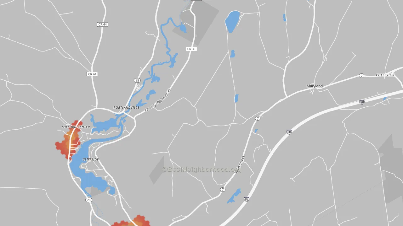 Walk Grade map of 12116, NY, walkable areas in green and car-dependent areas in red