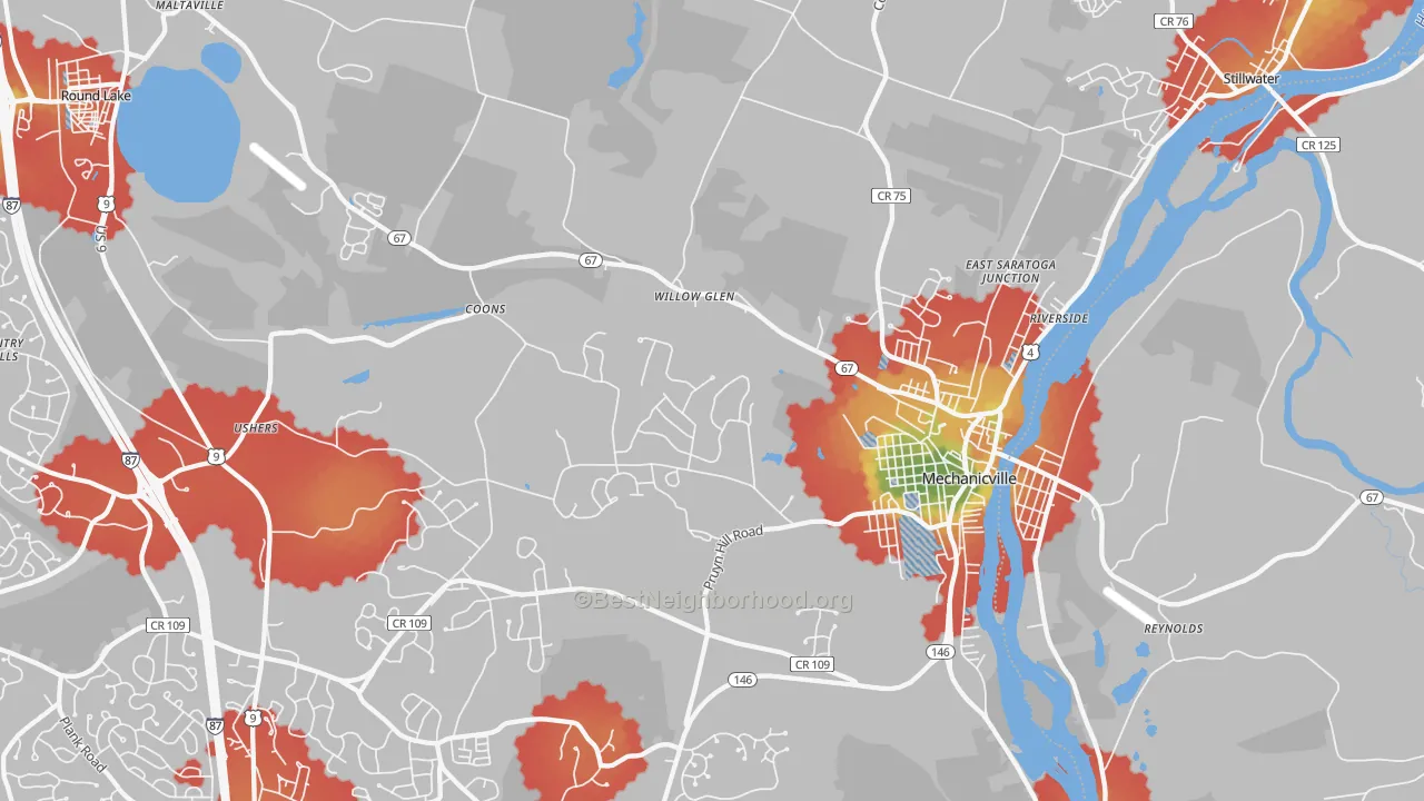 Walk Grade map of 12118, NY, walkable areas in green and car-dependent areas in red