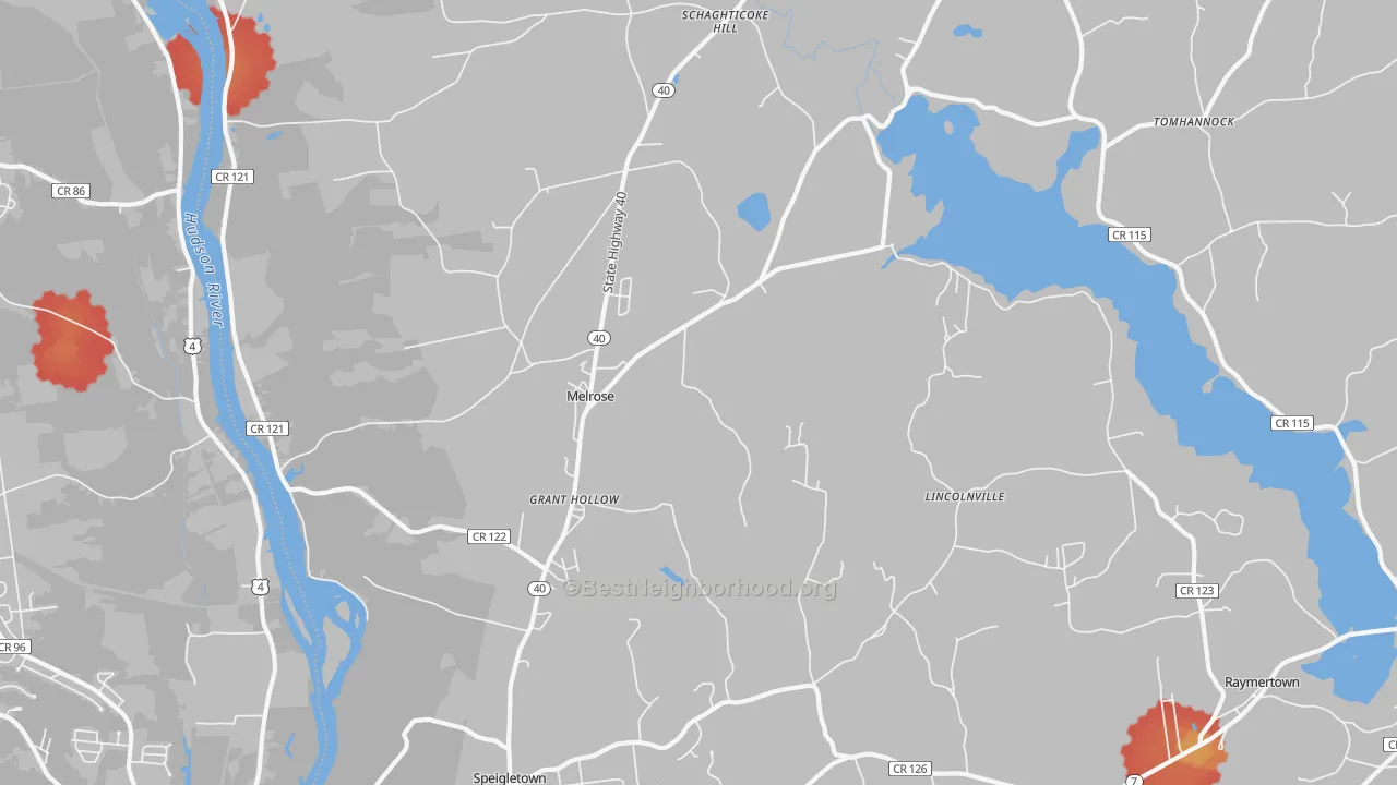 Walk Grade map of 12121, NY, walkable areas in green and car-dependent areas in red