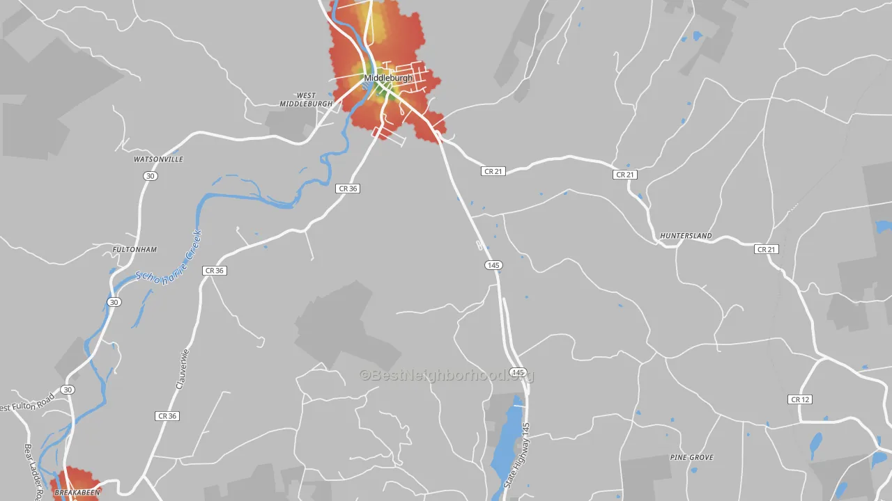 Walk Grade map of 12122, NY, walkable areas in green and car-dependent areas in red