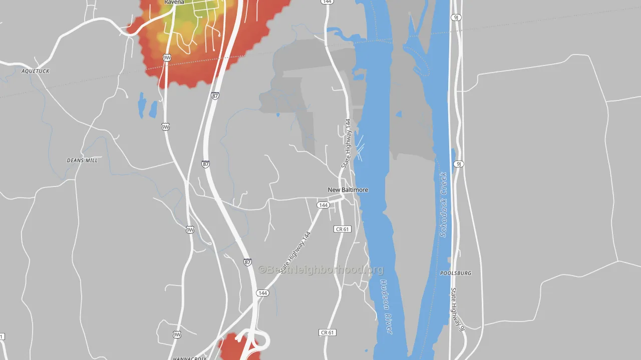 Walk Grade map of 12124, NY, walkable areas in green and car-dependent areas in red