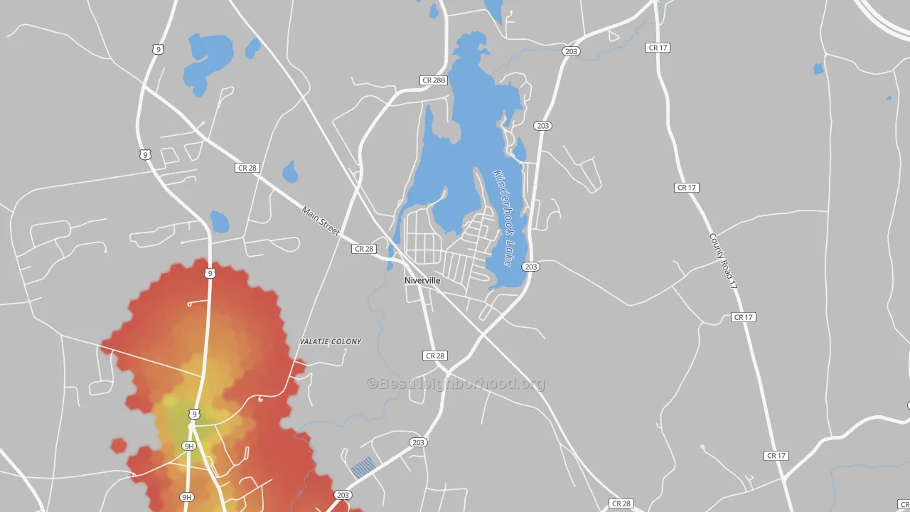 Walk Grade map of 12130, NY, walkable areas in green and car-dependent areas in red