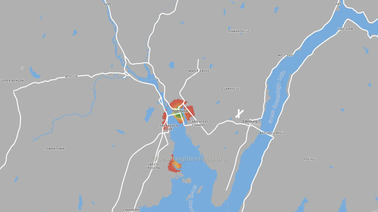 Walk Grade map of 12134, NY, walkable areas in green and car-dependent areas in red