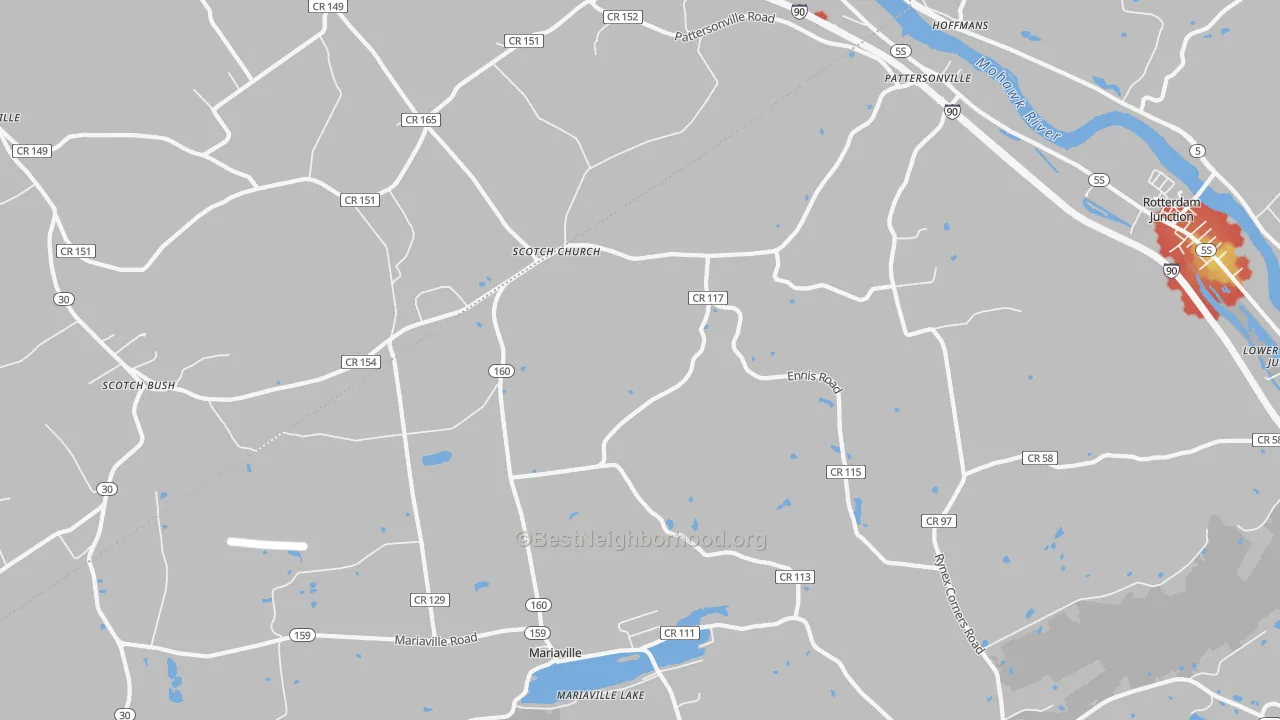 Walk Grade map of 12137, NY, walkable areas in green and car-dependent areas in red