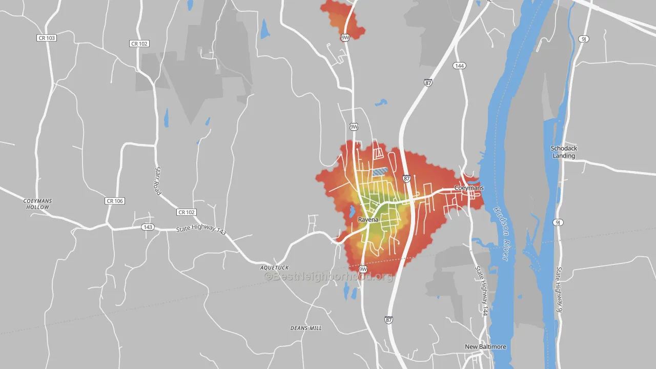 Walk Grade map of 12143, NY, walkable areas in green and car-dependent areas in red