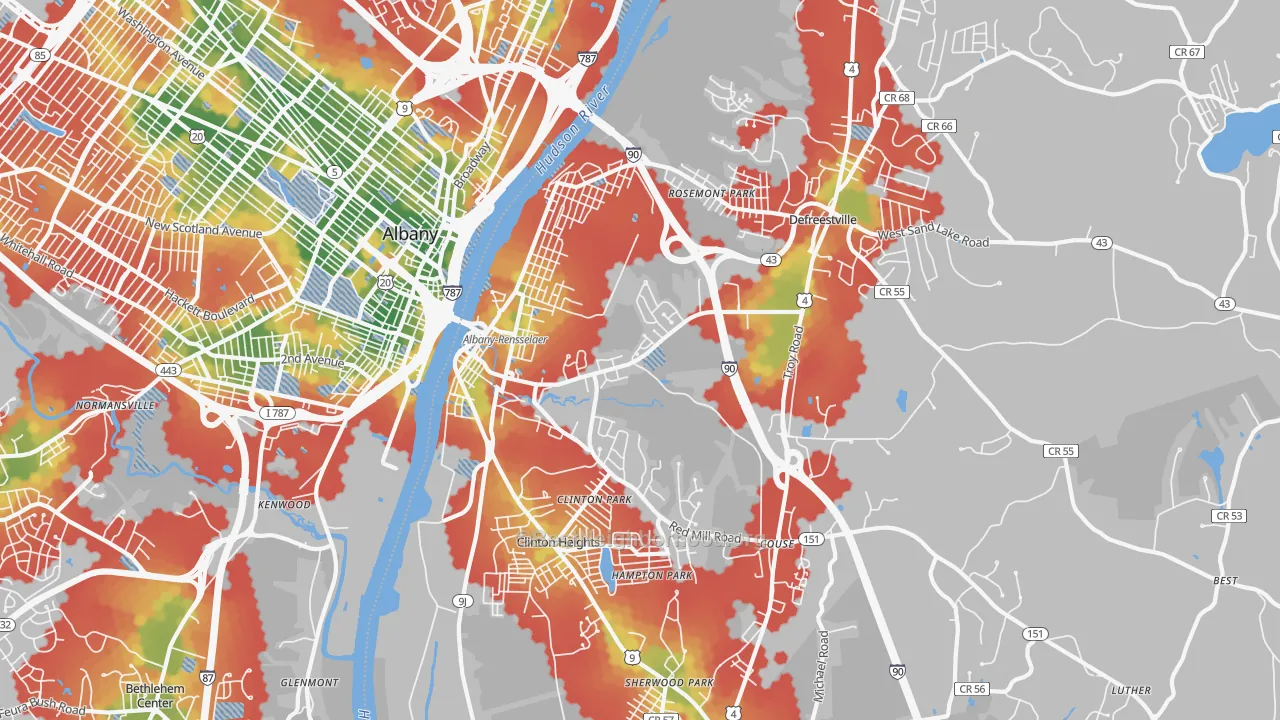 Walk Grade map of 12144, NY, walkable areas in green and car-dependent areas in red