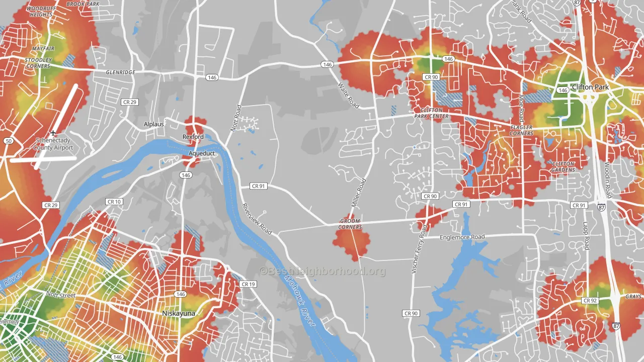 Walk Grade map of 12148, NY, walkable areas in green and car-dependent areas in red