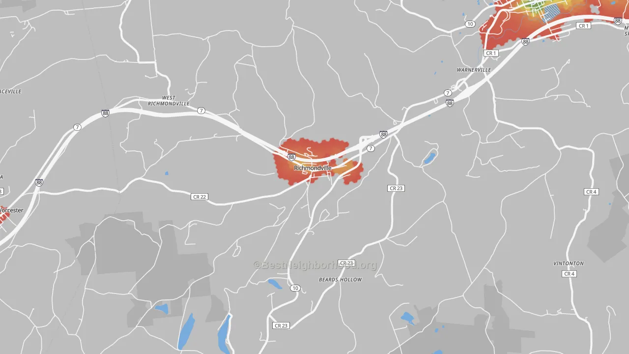 Walk Grade map of 12149, NY, walkable areas in green and car-dependent areas in red