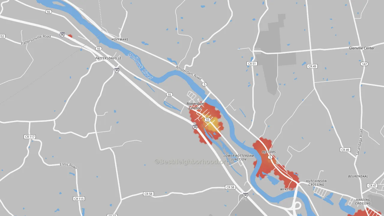 Walk Grade map of 12150, NY, walkable areas in green and car-dependent areas in red