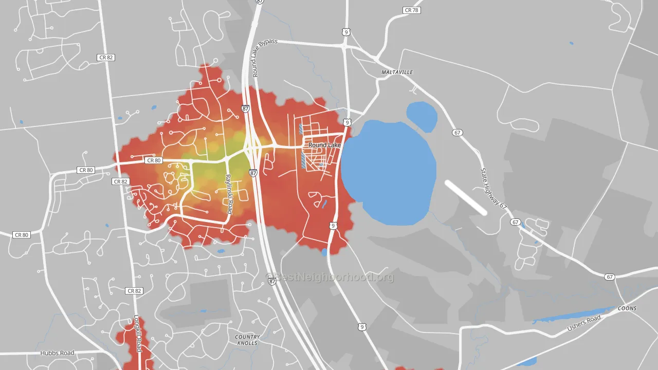 Walk Grade map of 12151, NY, walkable areas in green and car-dependent areas in red