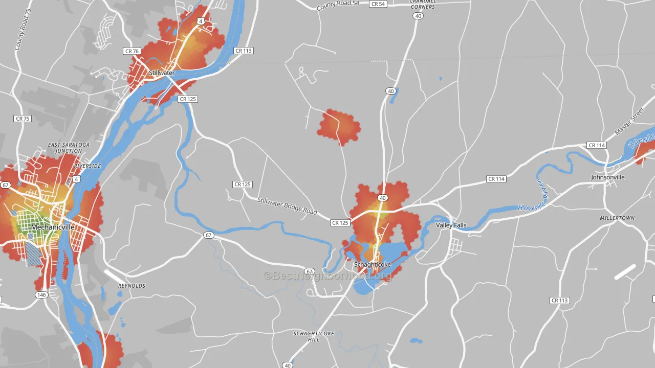 Walk Grade map of 12154, NY, walkable areas in green and car-dependent areas in red