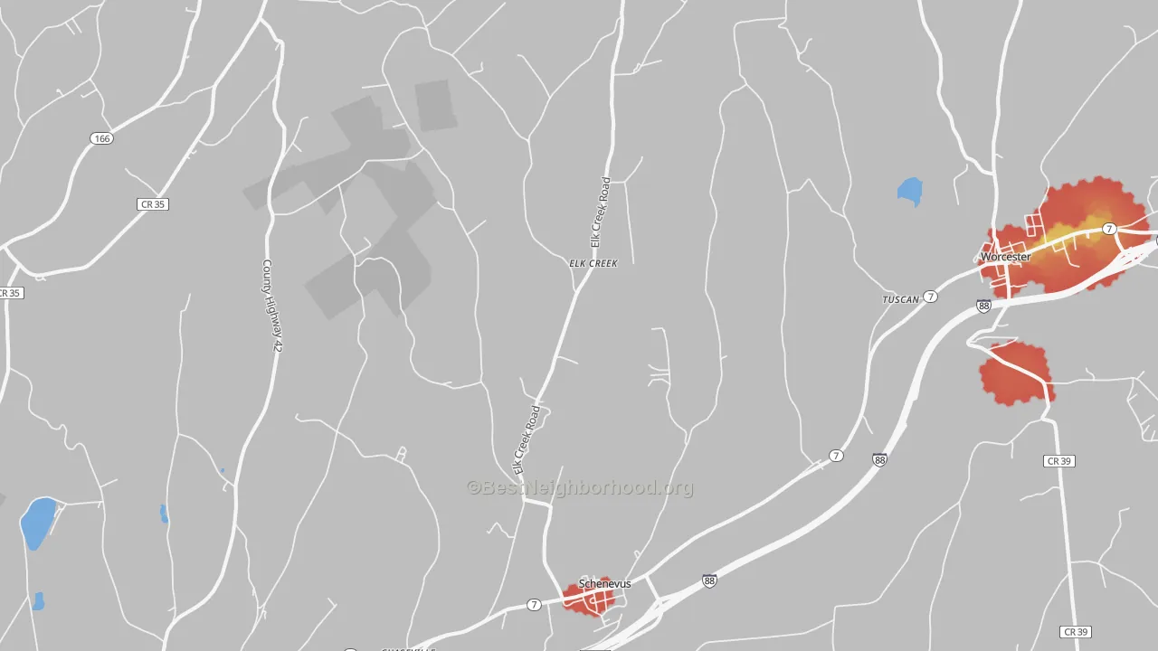 Walk Grade map of 12155, NY, walkable areas in green and car-dependent areas in red