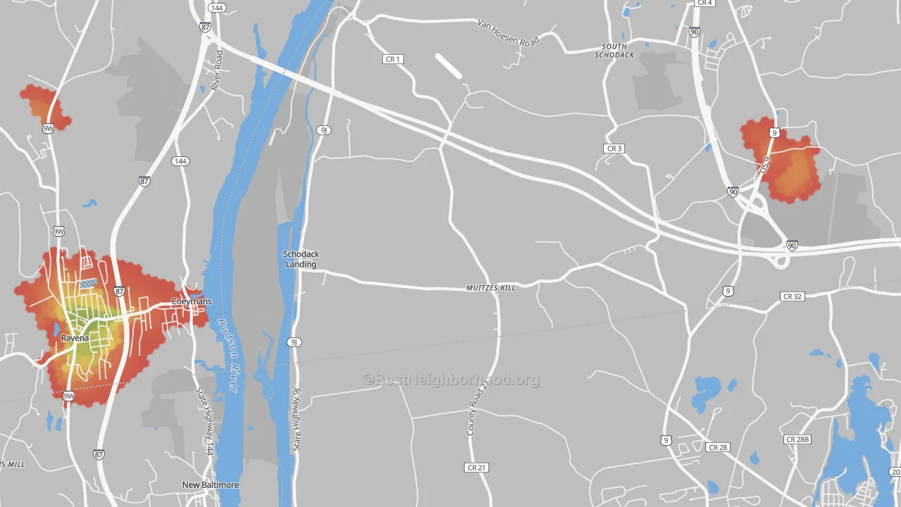 Walk Grade map of 12156, NY, walkable areas in green and car-dependent areas in red