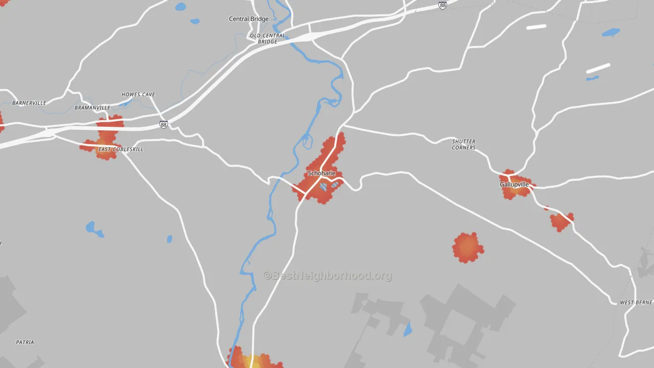 Walk Grade map of 12157, NY, walkable areas in green and car-dependent areas in red