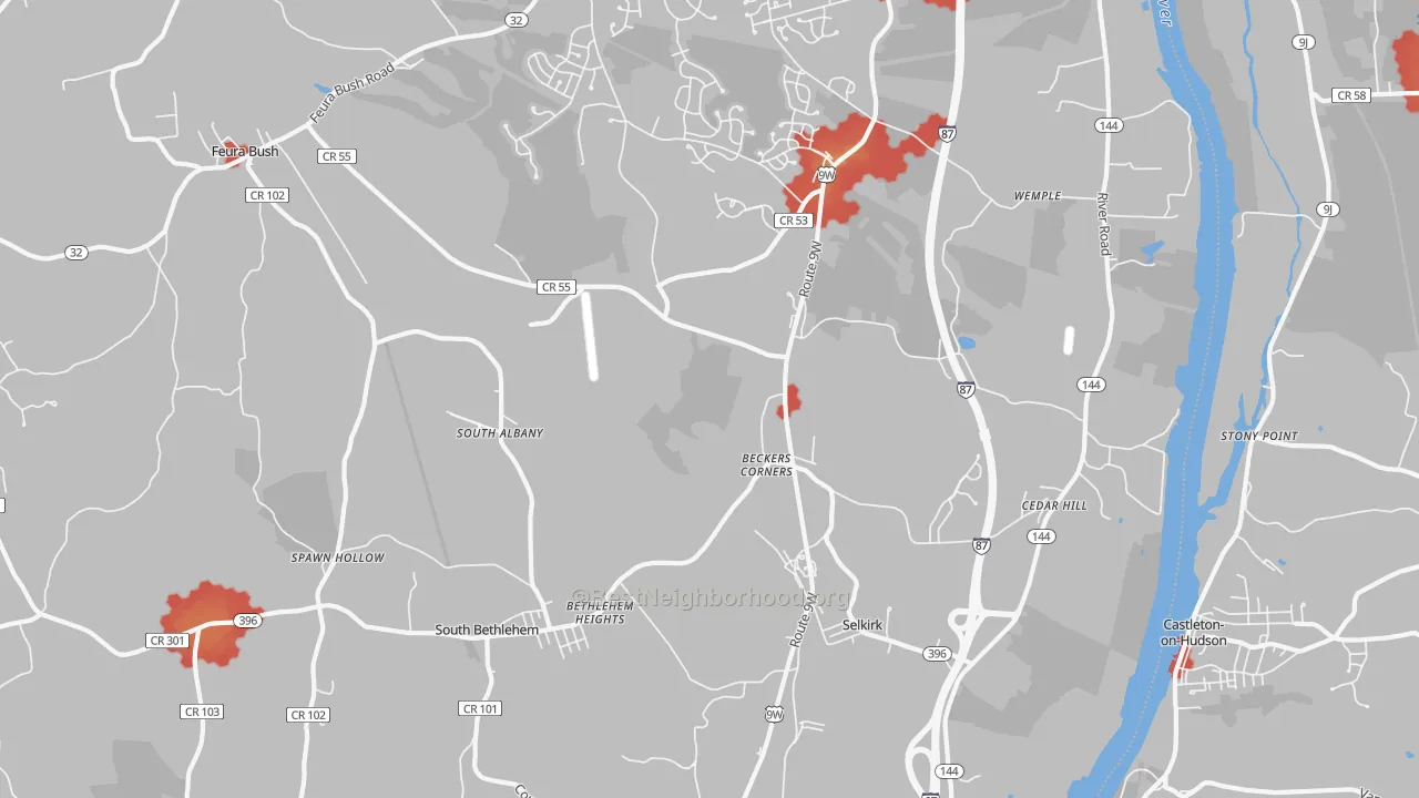 Walk Grade map of 12158, NY, walkable areas in green and car-dependent areas in red