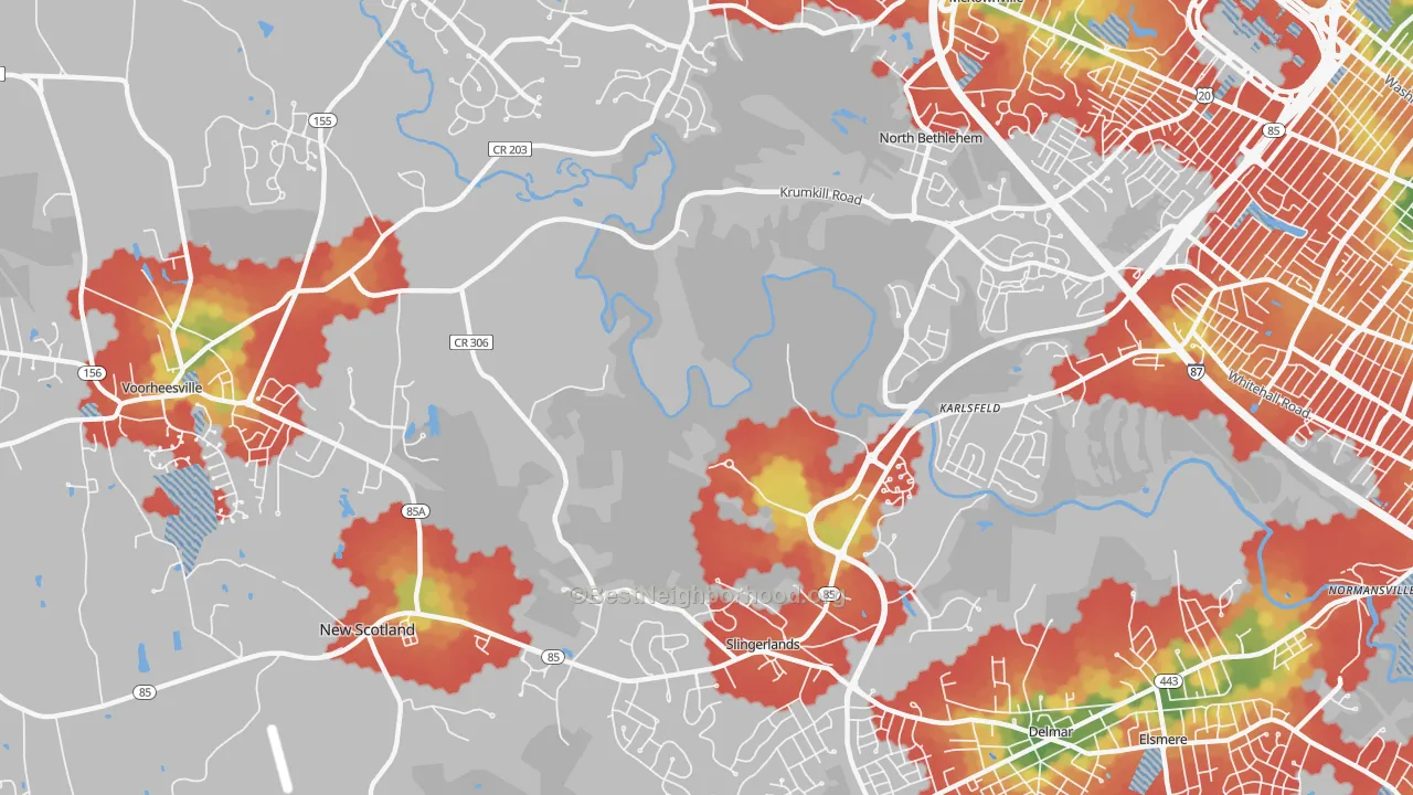 Walk Grade map of 12159, NY, walkable areas in green and car-dependent areas in red