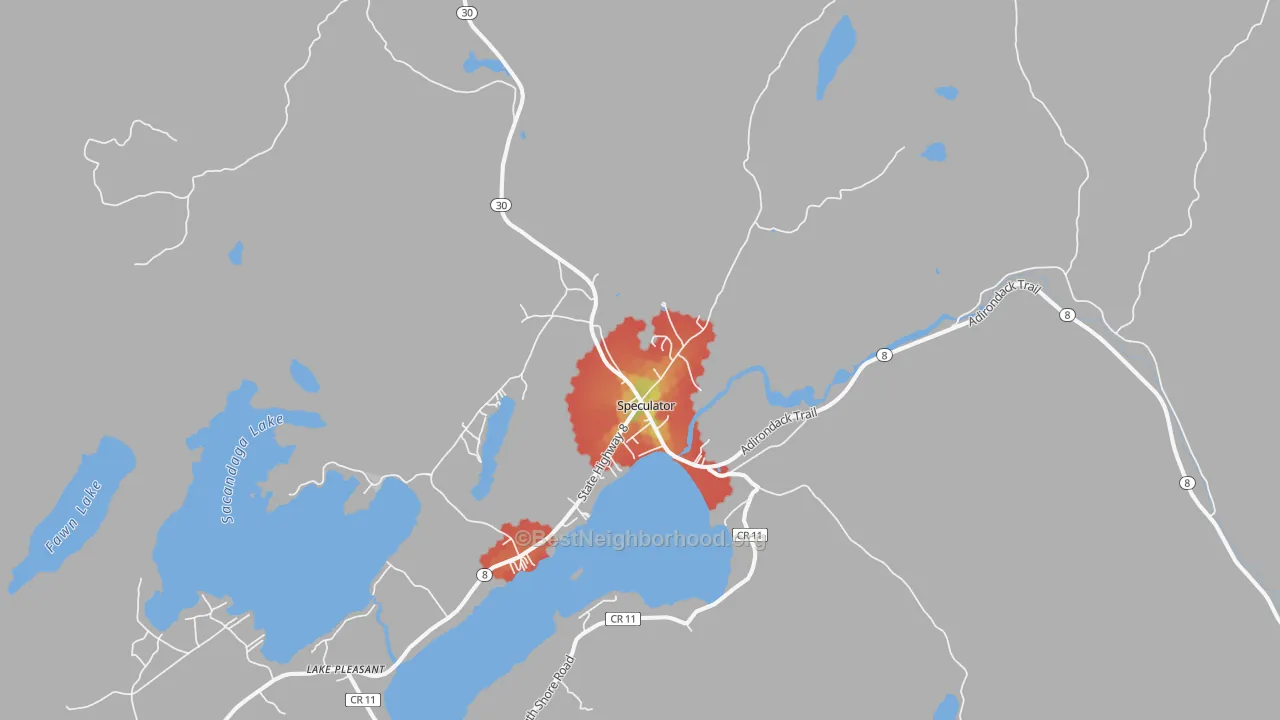 Walk Grade map of 12164, NY, walkable areas in green and car-dependent areas in red