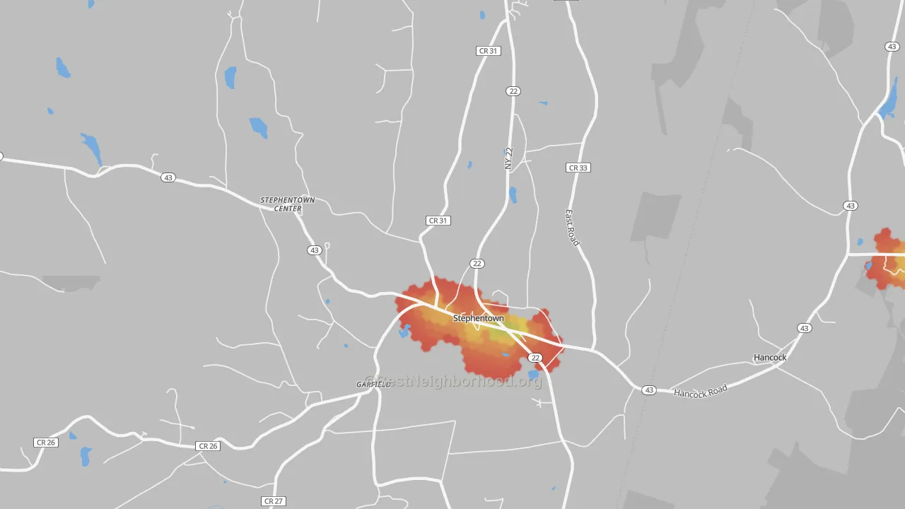Walk Grade map of 12168, NY, walkable areas in green and car-dependent areas in red
