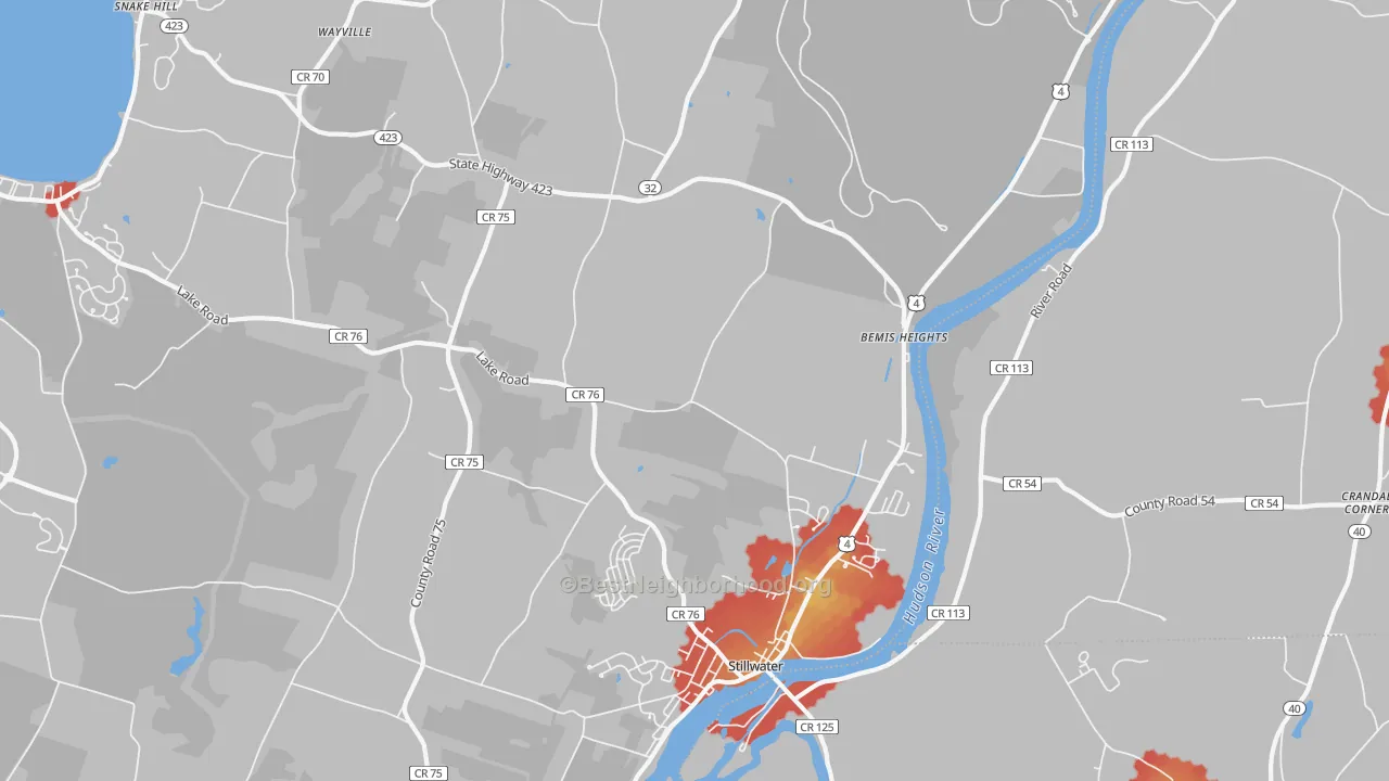 Walk Grade map of 12170, NY, walkable areas in green and car-dependent areas in red