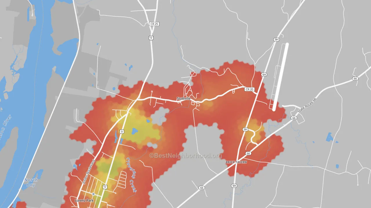 Walk Grade map of 12172, NY, walkable areas in green and car-dependent areas in red