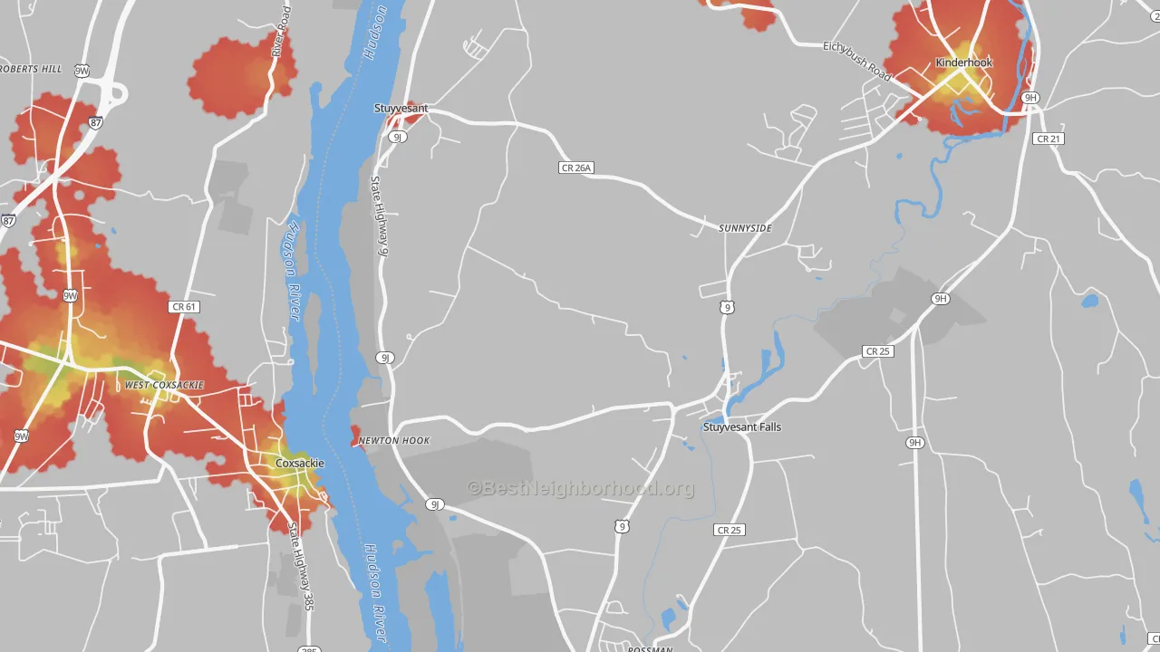 Walk Grade map of 12173, NY, walkable areas in green and car-dependent areas in red