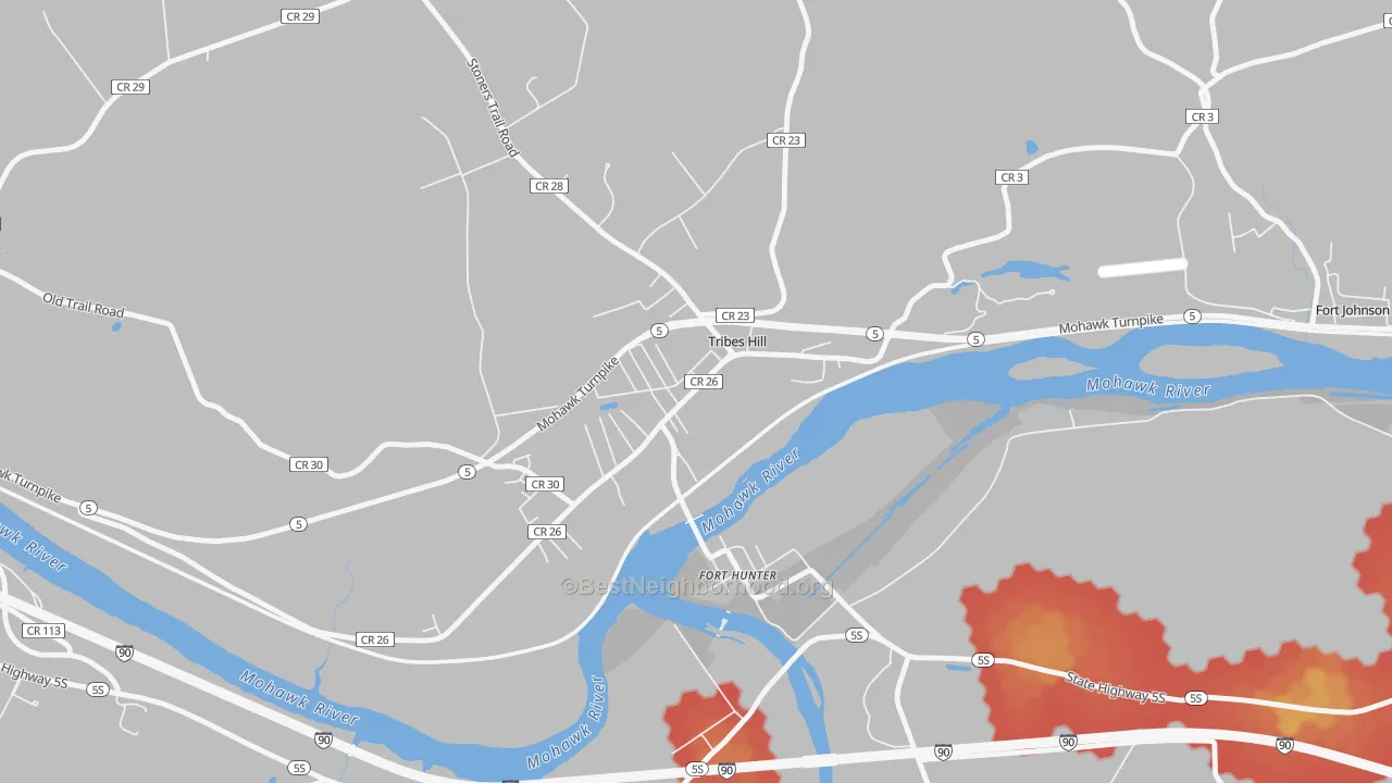 Walk Grade map of 12177, NY, walkable areas in green and car-dependent areas in red
