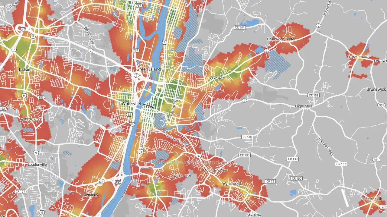 Walk Grade map of 12180, NY, walkable areas in green and car-dependent areas in red